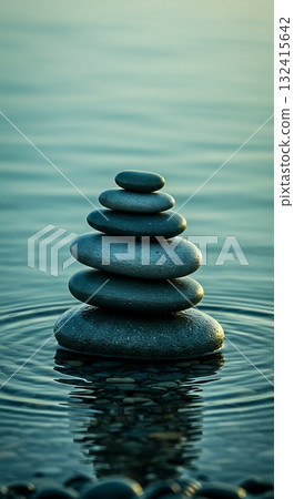 Serene stacked stones create perfect balance and harmony on calm water, symbolizing peace and mindful tranquility Serene stacked stones create perfect balance and harmony on calm water, symbolizing peace and mindful tranquility 132415642