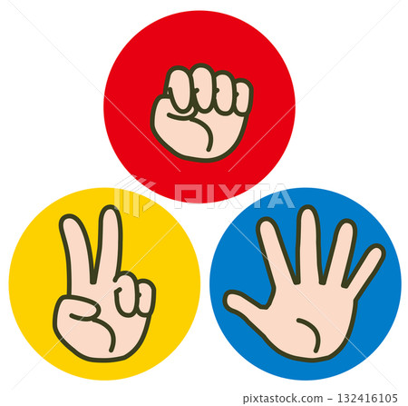 Rock, paper, scissors hand sign icon set in red, yellow, and blue circles (rock, scissors, gesture, hand Rock, paper, scissors hand sign icon set in red, yellow, and blue circles (rock, scissors, gesture, hand 132416105