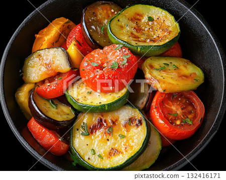 Ratatouille with a colorful medley of zucchini, eggplant, bell peppers, and tomatoes 132416171
