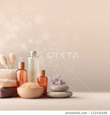 Elegant Spa Cosmetic Set with Towels and Blossoms  Soft Beauty and Skincare Concept 132416266