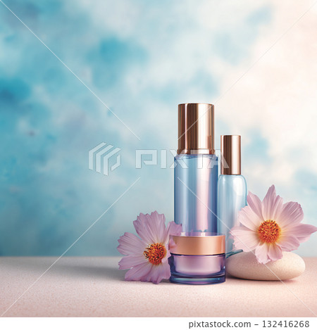 Elegant Spa Cosmetic Set with Towels and Blossoms  Soft Beauty and Skincare Concept 132416268