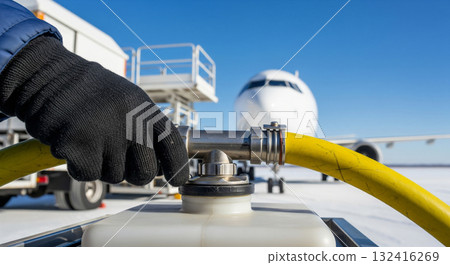 A worker wearing gloves connects a bright yellow hose to a storage tank for de-icing fluid at an airport. The scene shows an aircraft in the background against a clear blue sky. A worker wearing gloves connects a bright yellow hose to a storage tank for de-icing fluid at an airport. The scene shows an aircraft in the background against a clear blue sky. 132416269