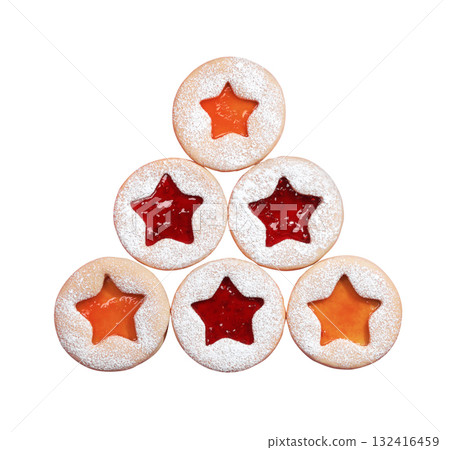 Christmas tree made of Linzer cookies with jam Isolated on white background 132416459