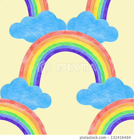Seamless hand-drawn pattern. A drawing with a multicolored rainbow and clouds on a yellow background. Children's drawing with colored pencils for textiles, packaging, wallpaper. 132416484