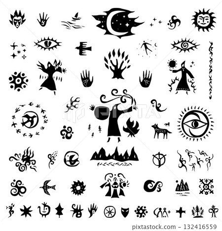 Magician fairy tale shaman character magic sign and symbol vector icon set, isolated graphic design elements Magician fairy tale shaman character magic sign and symbol vector icon set, isolated graphic design elements 132416559