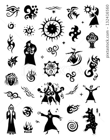 Magician fairy tale shaman character magic sign and symbol vector icon set, isolated graphic design elements Magician fairy tale shaman character magic sign and symbol vector icon set, isolated graphic design elements 132416560