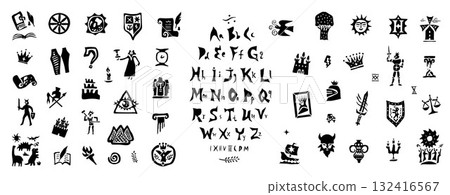 fairy tale alphabet icon set , characters signs and symbols history graphic illustration 132416567