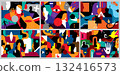 People silhouettes multiethnic community abstract illustration set , multicolor horizontal vector background design element 132416573