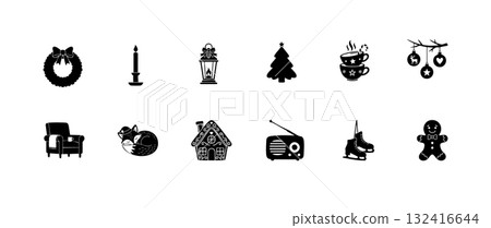 Christmas and winter holiday silhouette collection with tree, candle, wreath, gingerbread man, cozy chair and cocoa Christmas and winter holiday silhouette collection with tree, candle, wreath, gingerbread man, cozy chair and cocoa 132416644