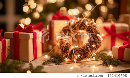 室內聖誕裝飾有禮物和松樹花環,冬天的晚上 室內聖誕裝飾有禮物和松樹花環,冬天的晚上 132416798