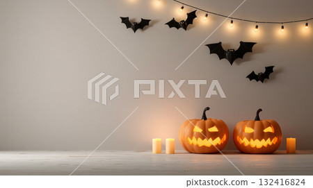 客廳裡的兩個南瓜燈,萬聖節的秋夜 客廳裡的兩個南瓜燈,萬聖節的秋夜 132416824