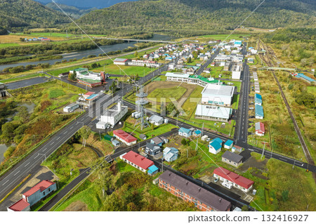 Aerial photograph of the center of Otoineppu village in Hokkaido and the riverside townscape 132416927