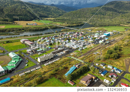 Aerial photograph of the center of Otoineppu village in Hokkaido and the riverside townscape 132416933