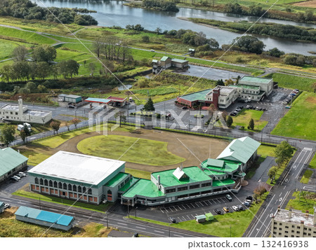 Aerial photograph of the center of Otoineppu village in Hokkaido and the riverside townscape Aerial photograph of the center of Otoineppu village in Hokkaido and the riverside townscape 132416938