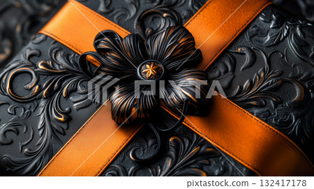 Close up of luxurious gift packaging in black and orange colors with elegant embossed design and glossy ribbon. Holidays, presents, vintage chic concepts 132417178