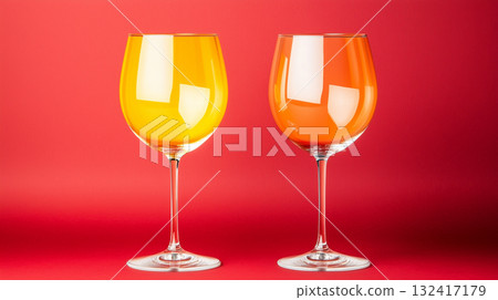 Vibrant orange and yellow wine glasses on red background for modern decor and dining theme Vibrant orange and yellow wine glasses on red background for modern decor and dining theme 132417179