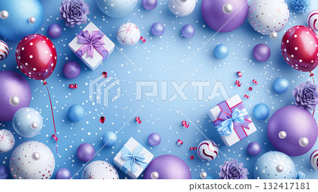 Festive holiday background with balloons, ornaments, and gift boxes viewed above on a light blue backdrop. Joyful Christmas, New Year, birthday theme Festive holiday background with balloons, ornaments, and gift boxes viewed above on a light blue backdrop. Joyful Christmas, New Year, birthday theme 132417181