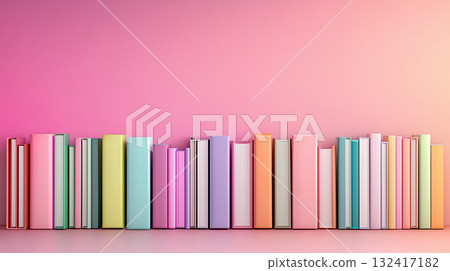 Colorful books against pink wall for interior design, literature, kids, or education themed background Colorful books against pink wall for interior design, literature, kids, or education themed background 132417182