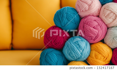 Multicolor yarn skeins on yellow background. Colorful illustration for crafting, knitting, hobby theme Multicolor yarn skeins on yellow background. Colorful illustration for crafting, knitting, hobby theme 132417187