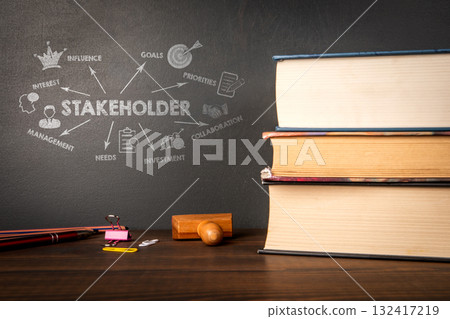 Stakeholder Concept on Blackboard with Books and Office Supplies 132417219