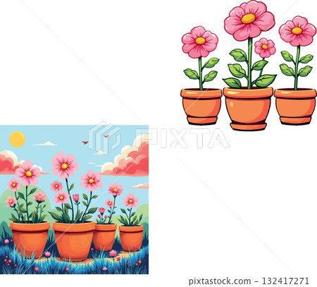 Vsai group of potted pink flowers blooming in sunny garden 132417271
