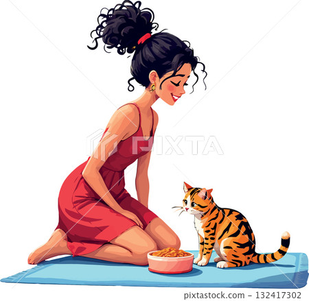 Vsai woman feeding cat, showing pet loving friendship Vsai woman feeding cat, showing pet loving friendship 132417302