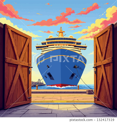 Vsai open doors revealing cruise ship docked at sunset Vsai open doors revealing cruise ship docked at sunset 132417319