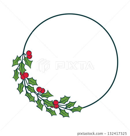 Christmas holly round wreath with green eaves and red berries for winter holiday graphic design, vector hand drawn decor Christmas holly round wreath with green eaves and red berries for winter holiday graphic design, vector hand drawn decor 132417325