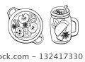 Spiced apple cider, drink illustration set in doodle style. Winter and autumn drinks with apple slices, cloves, cinnamon, star anise 132417330