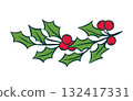 Holly Christmas berries branch with green leaves and red berries. Hand drawn vector winter holiday design element 132417331
