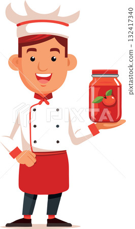 Smiling chef holding jar of tomato sauce or ketchup 132417340