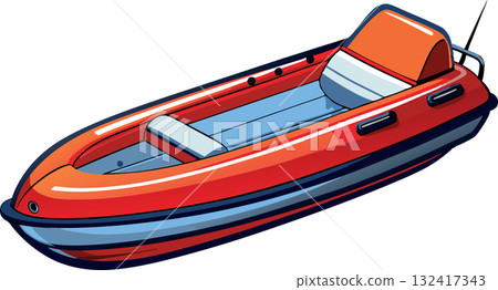 Red inflatable motor boat floating on water illustration Red inflatable motor boat floating on water illustration 132417343