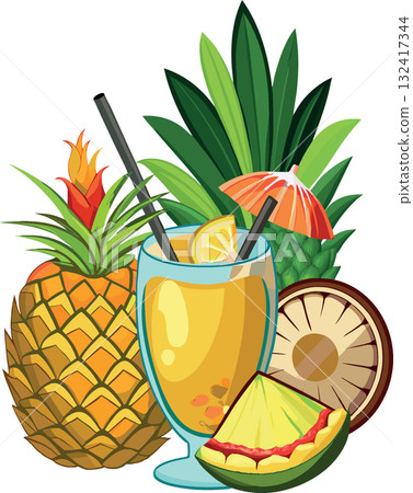 Pineapple juice with fresh fruit and tropical leaves creating a refreshing summer vibe 132417344