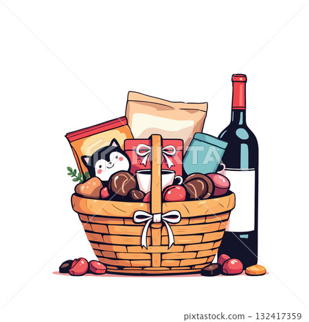 Vsai wicker gift basket overflowing with treats, wine, and a plush toy Vsai wicker gift basket overflowing with treats, wine, and a plush toy 132417359