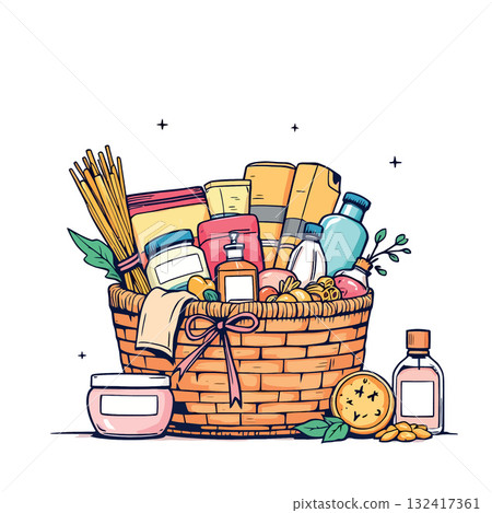 Vsai gift basket overflowing with groceries, cosmetics, and toiletries 132417361