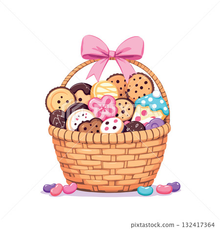 Vsai wicker basket overflowing with colorful cookies and candies Vsai wicker basket overflowing with colorful cookies and candies 132417364