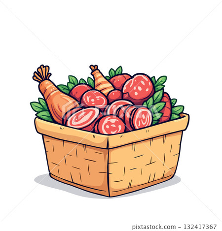 Vsai wicker basket overflowing with fresh cold cuts and smoked sausage Vsai wicker basket overflowing with fresh cold cuts and smoked sausage 132417367