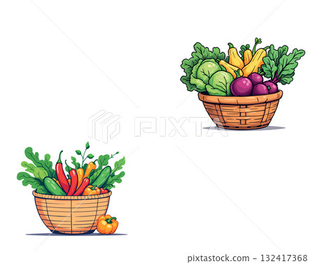 Vsai fresh vegetables overflowing from wicker baskets, promoting healthy eating and farm fresh produce 132417368