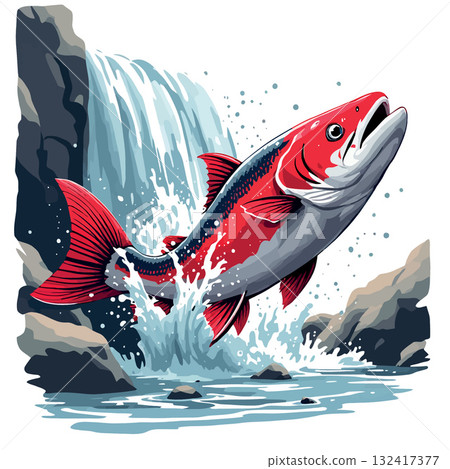 Vsai salmon jumping upstream waterfall in river or stream Vsai salmon jumping upstream waterfall in river or stream 132417377