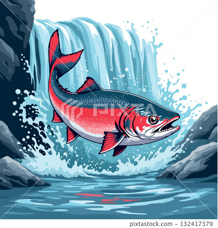 Vsai salmon leaping upstream waterfall in powerful struggle for survival Vsai salmon leaping upstream waterfall in powerful struggle for survival 132417379