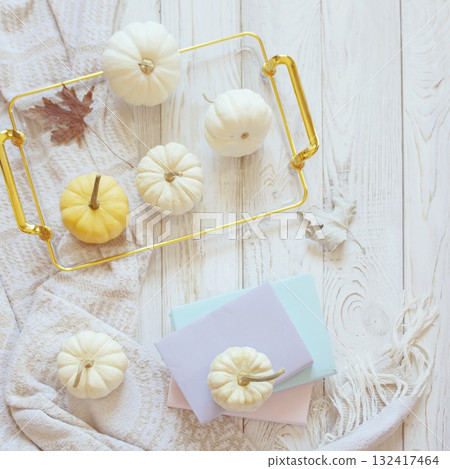 Autumn harvest of assorted pumpkins. Still life with pumpkins and autumn leaves on wooden surface. Autumn harvest of assorted pumpkins. Still life with pumpkins and autumn leaves on wooden surface. 132417464