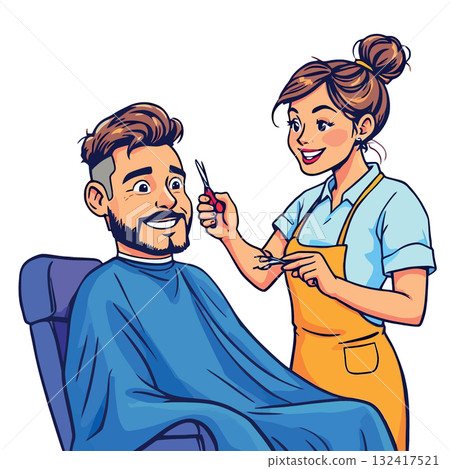 Vsai hairdresser cutting hair of smiling client in barbershop Vsai hairdresser cutting hair of smiling client in barbershop 132417521