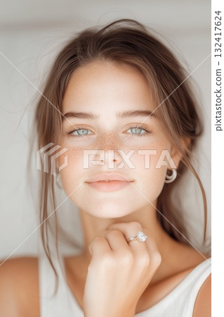 Portrait of beautiful young woman with delicate jewelry necklace and earrings, natural freckles and glowing healthy skin on neutral beige background. Natural beauty skincare wellness concept Portrait of beautiful young woman with delicate jewelry necklace and earrings, natural freckles and glowing healthy skin on neutral beige background. Natural beauty skincare wellness concept 132417624