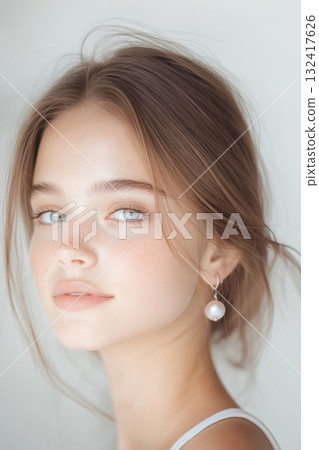 Portrait of beautiful young woman with delicate jewelry necklace and earrings, natural freckles and glowing healthy skin on neutral beige background. Natural beauty skincare wellness concept Portrait of beautiful young woman with delicate jewelry necklace and earrings, natural freckles and glowing healthy skin on neutral beige background. Natural beauty skincare wellness concept 132417626