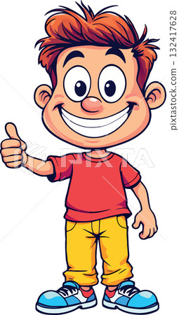 Vsai smiling cartoon boy showing thumbs up sign 132417628