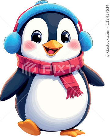 Vsai cute baby penguin wearing winter clothes walking happily Vsai cute baby penguin wearing winter clothes walking happily 132417634