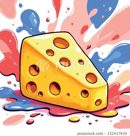 Vsai wedge of swiss cheese melting on colorful background 132417639