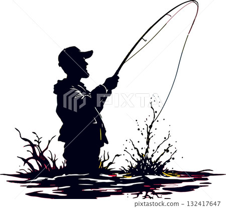 Vsai fly fisherman casting line in water silhouette Vsai fly fisherman casting line in water silhouette 132417647