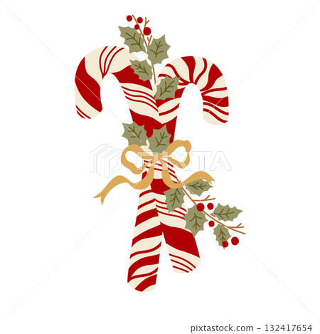 Christmas candy cane decorative isolated element with bouquet of winter leaves and bow in vector 132417654