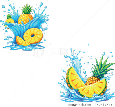 Vsai pineapple splashing in fresh water, summer fruit concept Vsai pineapple splashing in fresh water, summer fruit concept 132417673